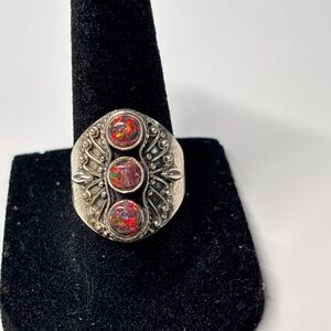 Sterling Silver Triple Opal Ring Size 7 Red Green Fire Artisan Signed 925